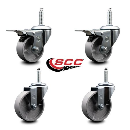 Service Caster 4 Inch Semi Steel Swivel 34 Inch Threaded Stem Caster Set 2 Total Lock Brakes SCC-TSTTL20S414-SSS-34212-2-S-2